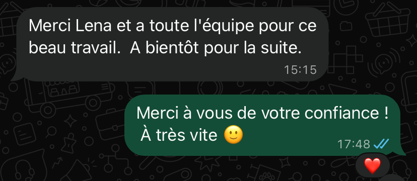 Message WhatsApp de Mani Kua : Merci Lena et a toute l'équipe pour ce beau travail. A bientôt pour la suite.