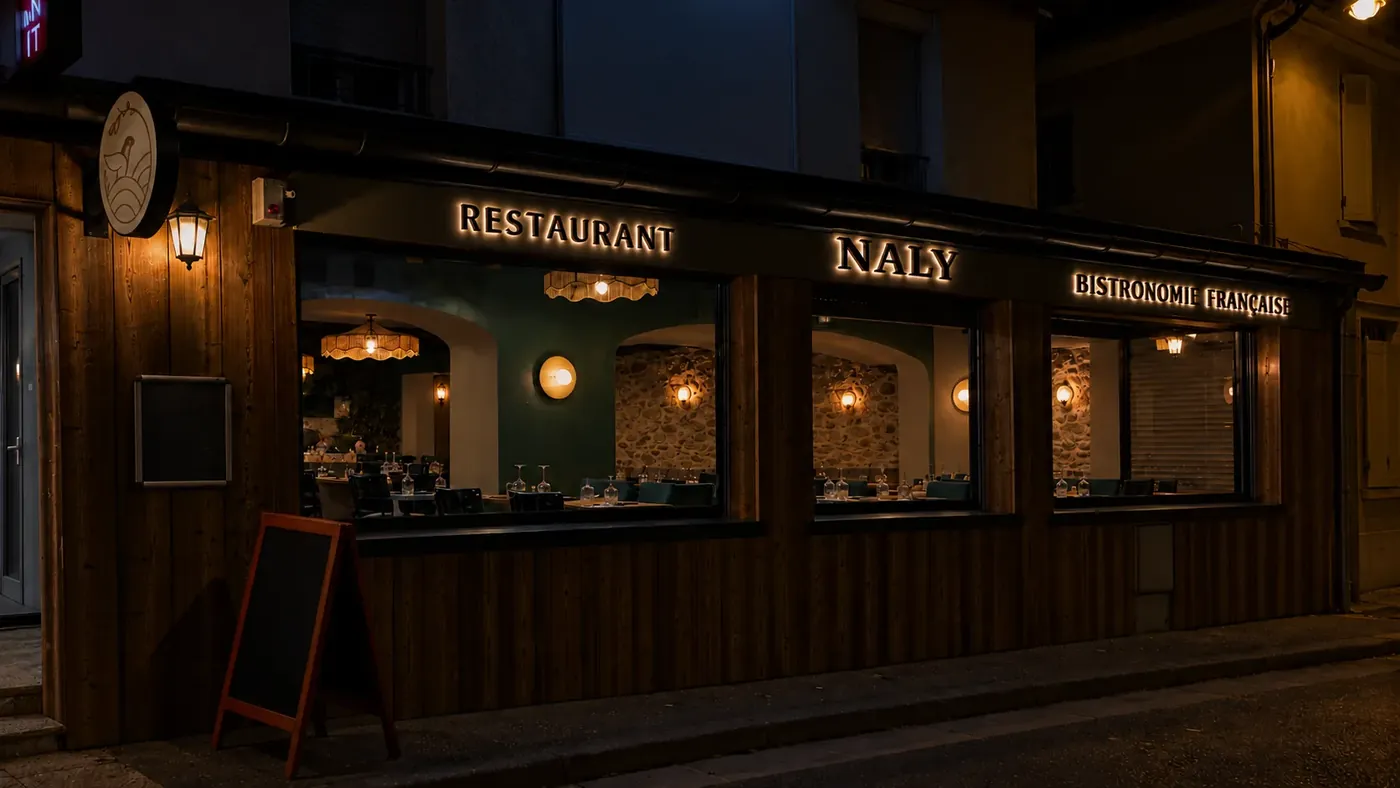 Façade du restaurant Naly à Viry-Châtillon, la nuit, par LADONNA