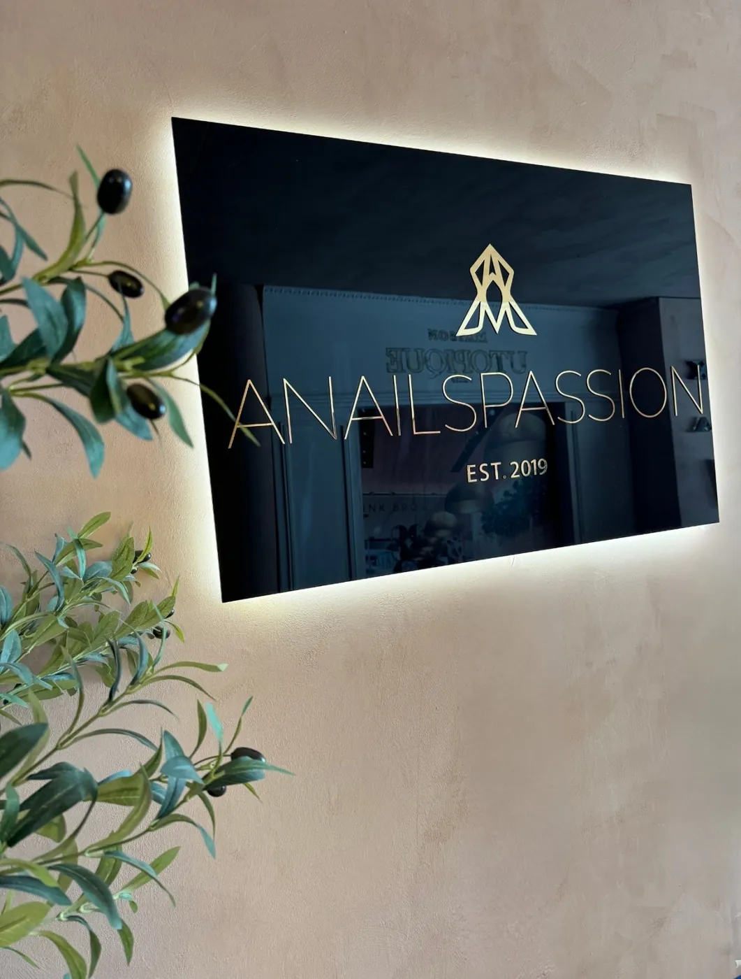Logo Anail Passion en lettres poli or sur plaque noire miroir, Martinique