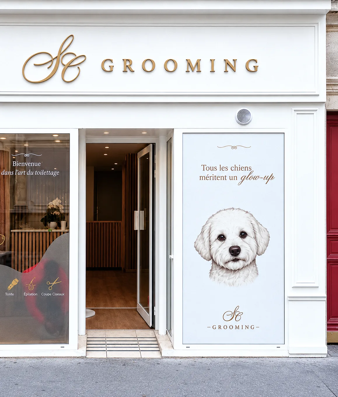 Façade de SC Grooming à Paris 5e : logo en lettres dorées, vitrophanie décorative et panneau imprimé « Tous les chiens méritent un glow-up », par LADONNA